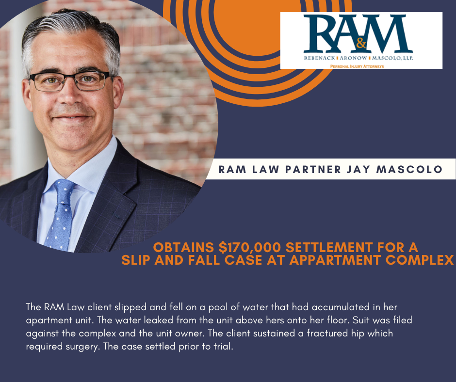 RAM Law Partner, Jay Mascolo, settled a slip and fall case at an apartment complex for $170,000. The RAM Law client slipped and fell on a pool of water that had accumulated in her apartment unit.  The water leaked from the unit above hers onto her floor.  Suit was filed against the complex and the unit owner.  The client sustained a fractured hip which required surgery.  The case settled prior to trial. 